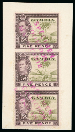 Stamp of Gambia 1941 5d. vertical strip of three affixed to part ledger