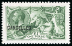 Stamp of Great Britain » King George V » 1913-19 Seahorse Issues 1913 Waterlow £1 yellowish green colour trial overprinted "CANCELLED", mint n.h.