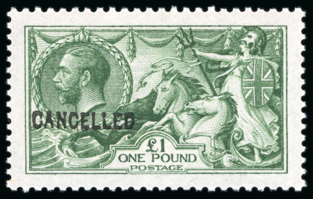 Stamp of Great Britain » King George V » 1913-19 Seahorse Issues 1913 Waterlow £1 yellowish green colour trial overprinted "CANCELLED", mint n.h.