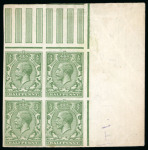 Stamp of Great Britain » King George V » 1912-24 Profile Head Issues 1913 1/2d yellow green mint n.h. imperforate block of four colour trials