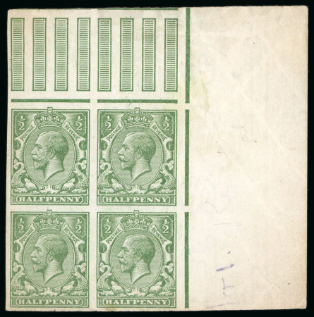 Stamp of Great Britain » King George V » 1912-24 Profile Head Issues 1913 1/2d yellow green mint n.h. imperforate block of four colour trials