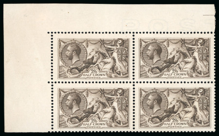 Stamp of Great Britain » King George V » 1913-19 Seahorse Issues 1913 Waterlow 2s6d sepia brown, superb mint n.h. marginal block of four from the upper right of the sheet