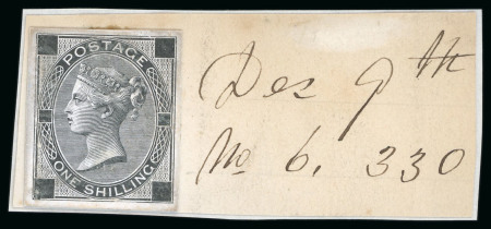 Stamp of Great Britain » 1855-1900 Surface Printed » 1867-80 Large Uncoloured Corner Letters, Wmk Spray of Rose 1867 1/- stamp size die proof in black on glazed card