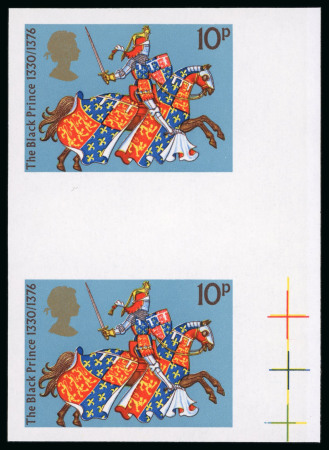 Stamp of Great Britain » Queen Elizabeth II 1974 10p Medieval Warriors imperforate imprimatur in mint n.h. right hand marginal vertical gutter pair