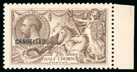 Stamp of Great Britain » King George V » 1913-19 Seahorse Issues 1921 Bradbury Wilkinson Seahorse 2s6d olive brown mint n.h. marginal overprinted "CANCELLED" type 33