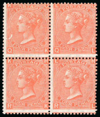 Stamp of Great Britain » 1855-1900 Surface Printed » 1865-67 Large Uncoloured Corner Letters, Wmk Large Garter & Emblems 1873 4d vermilion pl.11 QK/RL, a very fine and fresh block of four with large part original gum
