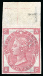 Stamp of Great Britain » 1855-1900 Surface Printed » 1865-67 Large Uncoloured Corner Letters, Wmk Large Garter & Emblems 1865 3d. rose, AF, Pl. 5, marginal imperforate imprimatur abnormal on emblems paper