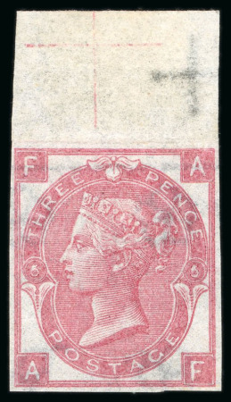 Stamp of Great Britain » 1855-1900 Surface Printed » 1865-67 Large Uncoloured Corner Letters, Wmk Large Garter & Emblems 1865 3d. rose, AF, Pl. 5, marginal imperforate imprimatur abnormal on emblems paper