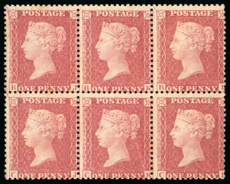 Stamp of Great Britain » 1854-70 Perforated Line Engraved 1861 1d. rose red, BJ-CL block of six, Pl. 50, very
