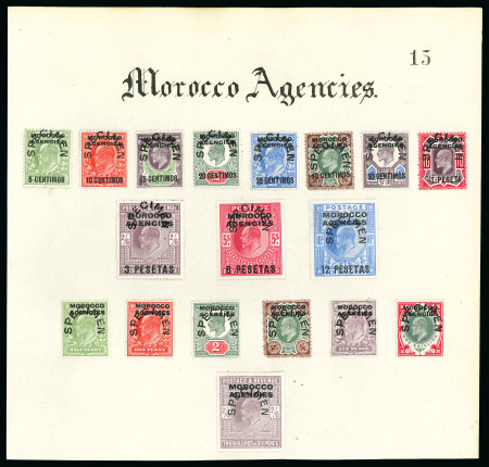 Stamp of Morocco Agencies (British Post Offices) » Spanish Currency 1907 5c on 1/2d to 12p on 10s and British Currency 1/2d to 2s6d with "SPECIMEN" horseshoe (type 17) hs, all affixed to archive ledger