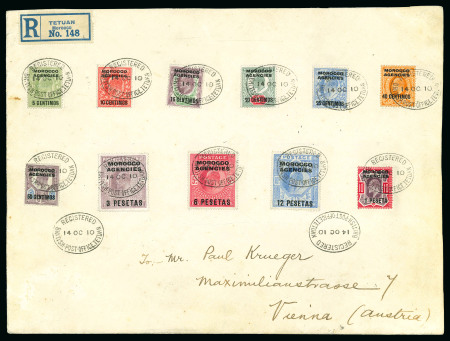 Stamp of Morocco Agencies (British Post Offices) » Spanish Currency 1910 (Oct 14) large envelope sent registered from Tetuan to Austria with set of 11 values to 12p on 10s