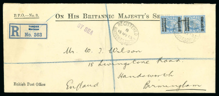 Stamp of Morocco Agencies (British Post Offices) » Spanish Currency 1913 (May 15) OHBMS long envelope sent registered from Tangier to England with vertical pair of the Harrison printing 25c on 2 1/2d