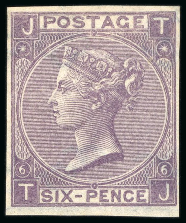 Stamp of Great Britain » 1855-1900 Surface Printed » 1865-67 Large Uncoloured Corner Letters, Wmk Large Garter & Emblems 1865 6d lilac pl.6 TJ imperforate imprimatur, original gum