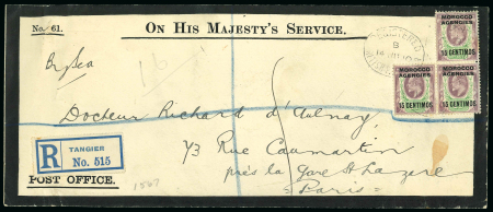 Stamp of Morocco Agencies (British Post Offices) » Spanish Currency 1914 (Jun 10) Mourning OHMS post office long envelope sent registered from Tangier to France, reverse with three wax seals of the Tangier British Post Office