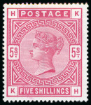 Stamp of Great Britain » 1855-1900 Surface Printed » 1883-84 & 1888 High Values 1884 5s rose KH mint large part o.g.