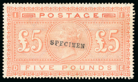 Stamp of Great Britain » 1855-1900 Surface Printed » 1867-83 High Values 1867-83 £5 orange, overprinted "Specimen"; large part