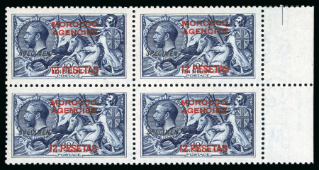 Stamp of Morocco Agencies (British Post Offices) » Spanish Currency 1914-26 Waterlow Seahorse 12p on 10s indigo-blue with "SPECIMEN" ovpt (type GB23) in mint n.h. right marginal block of 4