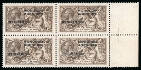 Stamp of Morocco Agencies (British Post Offices) » British Currency 1914-31 Waterlow Seahorse 2s6d sepia-brown with "SPECIMEN" ovpt (type GB23) in mint n.h. right marginal block of 4