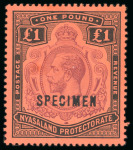 Stamp of Nyasaland » Nyasaland Protectorate 1913-21 MCA £1 purple and black on red, two mint singles,