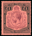 Stamp of Nyasaland » Nyasaland Protectorate 1913-21 MCA £1 purple and black on red, two mint singles,