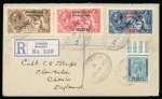 Stamp of Morocco Agencies (British Post Offices) » Spanish Currency 1918 (Jan 28) envelope sent registered to England with 1914-26 1p on 10d, Waterlow Seahorse 6p on 5s and 12p on 10s
