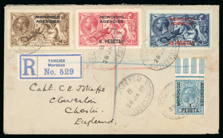 Stamp of Morocco Agencies (British Post Offices) » Spanish Currency 1918 (Jan 28) envelope sent registered to England with 1914-26 1p on 10d, Waterlow Seahorse 6p on 5s and 12p on 10s