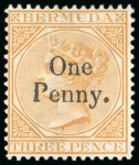Stamp of Bermuda 1875 CC One Penny on 3d orange, unused and used singles,