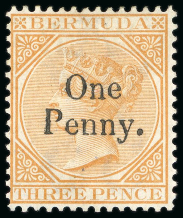 Stamp of Bermuda 1875 CC One Penny on 3d orange, unused and used singles,