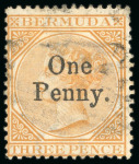 Stamp of Bermuda 1875 CC One Penny on 3d orange, unused and used singles,