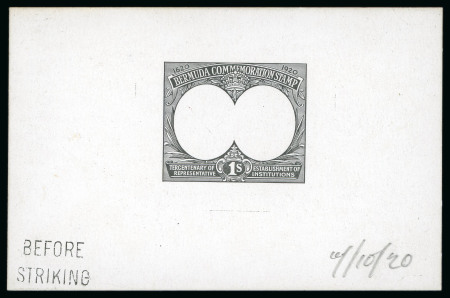 Stamp of Bermuda 1920-21 Tercentenary 1s die proof in black of frame only on glazed card