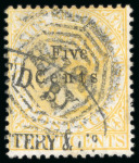 Stamp of Malaysia » Straits Settlements 1879 CC 5c on 8c orange, used with "B/172" octagonal of Penang, showing no stop after "Cents" variety
