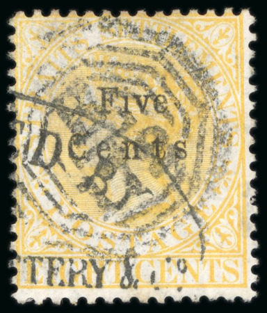 Stamp of Malaysia » Straits Settlements 1879 CC 5c on 8c orange, used with "B/172" octagonal of Penang, showing no stop after "Cents" variety