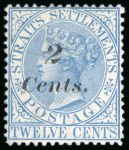 Stamp of Malaysia » Straits Settlements 1883 CC 2c on 12c blue, unused with part gum, fine