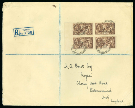 Stamp of Morocco Agencies (British Post Offices) » British Currency 1938 (Jan 10) large envelope sent registered from Tangier to England with unoverprinted 2s6d left marginal block of four