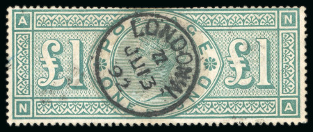 Stamp of Great Britain » 1855-1900 Surface Printed » 1887-1900 Jubilee Issue & 1891 £1 Green 1891 £1 green, used with central LONDON/JU.13.92 cds,