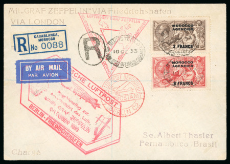 Stamp of Morocco Agencies (British Post Offices) » French Currency 1933 (Oct 10) envelope sent by Graf Zeppelin from Casablanca to Brazil, with 1925-34 Bradbury Wilkinson Seahorse 3f on 2s6d and 6f on 5s