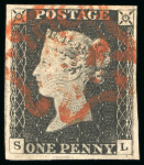 Stamp of Great Britain » 1840 1d Black and 1d Red plates 1a to 11 1d black, SL, good to large margins with MC in red,