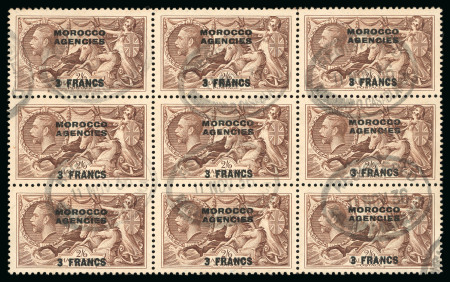 Stamp of Morocco Agencies (British Post Offices) » French Currency 1935-36 Re-engraved Seahorse 3f on 2s6d used block of 9 