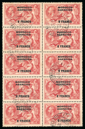 Stamp of Morocco Agencies (British Post Offices) » French Currency 1935-36 re-engraved Seahorse 6f on 5s used block of 10 with Casablanca 15 DE 36 double-circle ds
