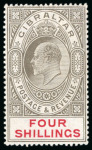Stamp of Gibraltar 1906-11 MCA 4s black and carmine, mint showing watermark reversed variety