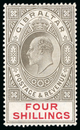 Stamp of Gibraltar 1906-11 MCA 4s black and carmine, mint showing watermark reversed variety
