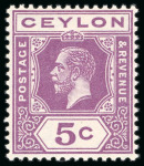 Stamp of Ceylon 1912-25 MCA 5c purple mint n.h. showing sideways watermark