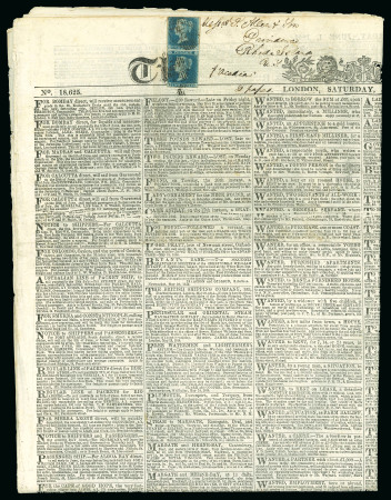 Stamp of Great Britain » 1841 2d Blue 1841, 2d blue in vertical pair on a complete copy of The Times for June 1 1844 and addressed to Providence, Rhode Island