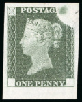 Stamp of Great Britain » Line Engraved Essays, Plate Proofs, Colour Trials and Reprints 1840 Rainbow Colour trial 1d on thick laid paper in olive-green