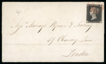 Stamp of Great Britain » 1840 1d Black and 1d Red plates 1a to 11 1840, 1d black pl.4 "AJ" with four margins on neat, clean wrapper to London from Bristol