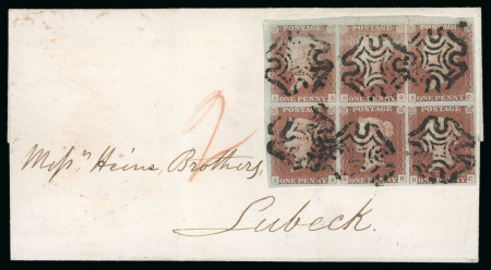 Stamp of Great Britain » 1841 1d Red 1841 1d red pl.12 AA-BC in block of 6 on wrapper to Lubeck (Schleswig-Holstein, Germany) from Hastings