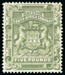 Stamp of Rhodesia 1897 Arms £5 sage green and £2 rose-red, unused with large part gum,