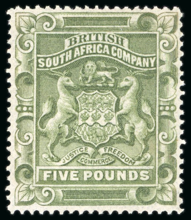 Stamp of Rhodesia 1897 Arms £5 sage green and £2 rose-red, unused with large part gum,