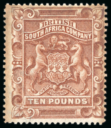 Stamp of Rhodesia 1897 Arms £10 brown, unused with large part gum
