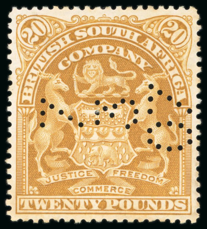Stamp of Rhodesia 1898-1908 Arms £5 deep blue, £10 lilac and £20 yellow-bistre,